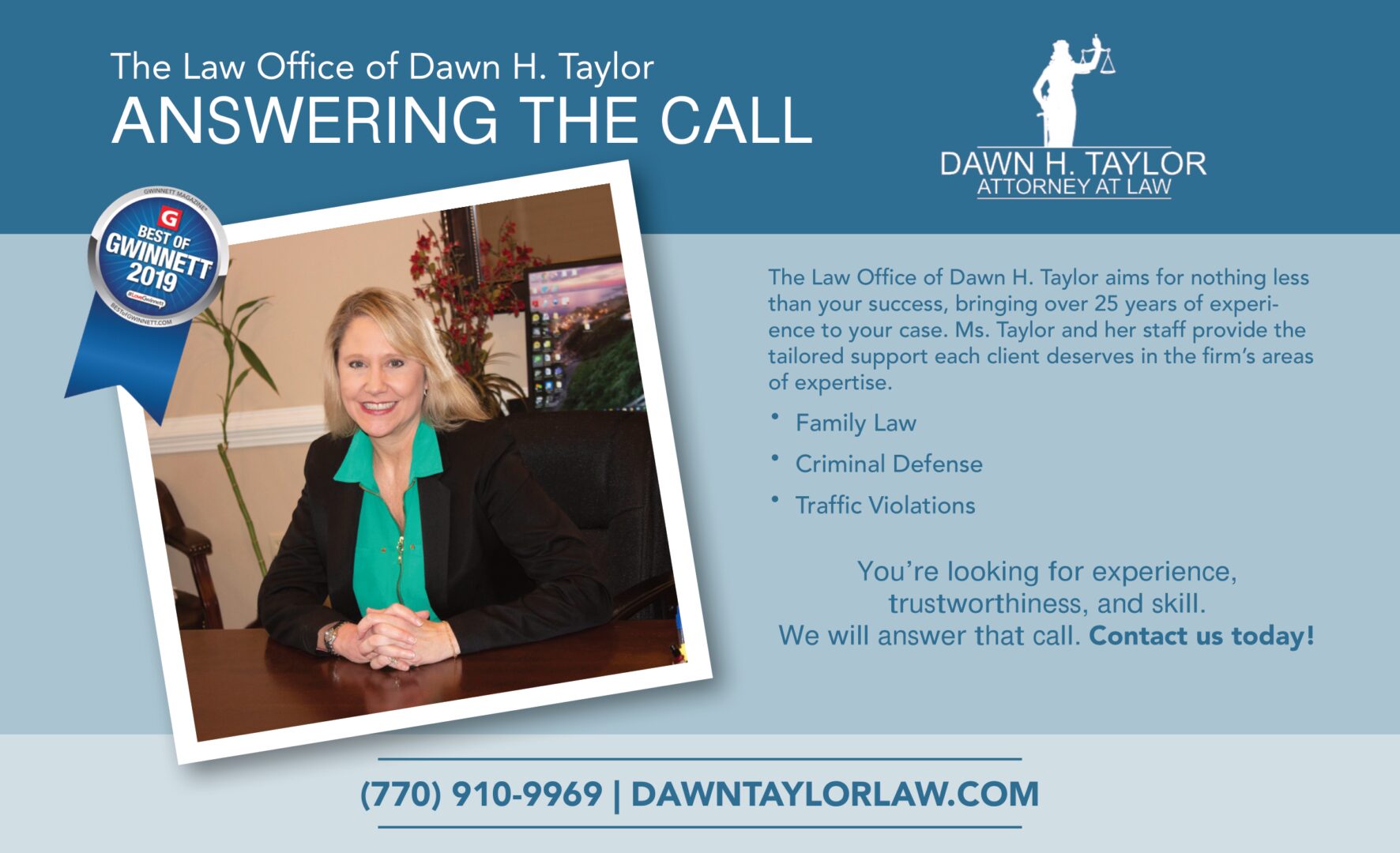 A picture of dawn taylor in an ad for the law office.