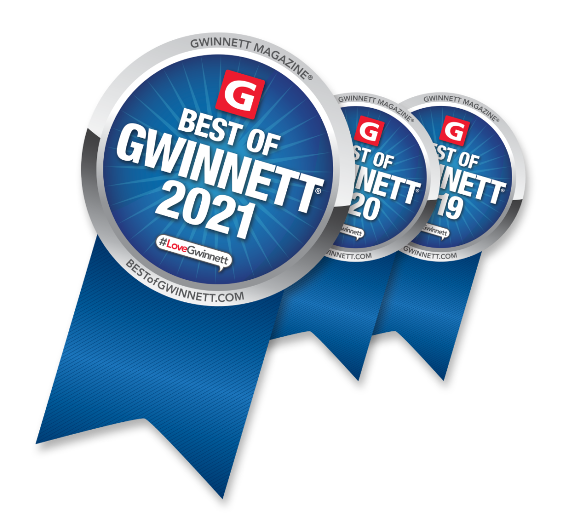 Three blue ribbons with the words best of gwinnett 2 0 1 9